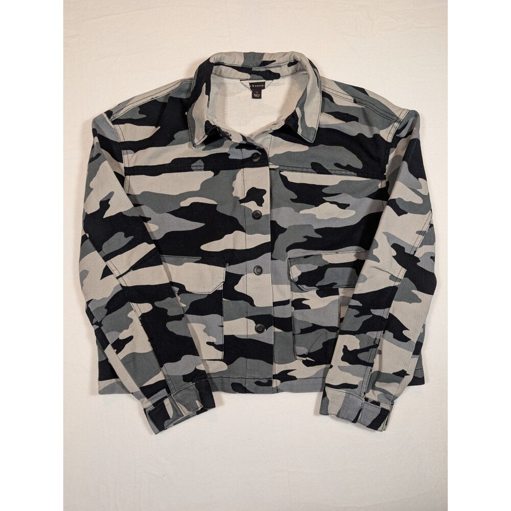 ROCK & REPUBLIC Jacket Women's Medium Gray Green Camo Snap Up Jean Streetwear